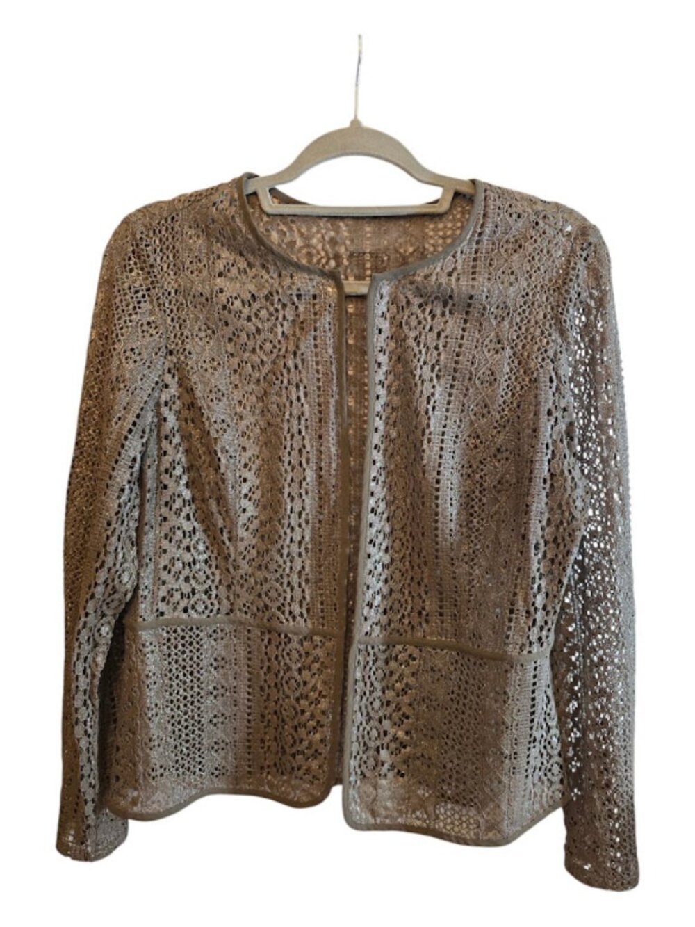 Taupe cardigan open jacket shimmer lace Chico's Travelers collection size 1 med